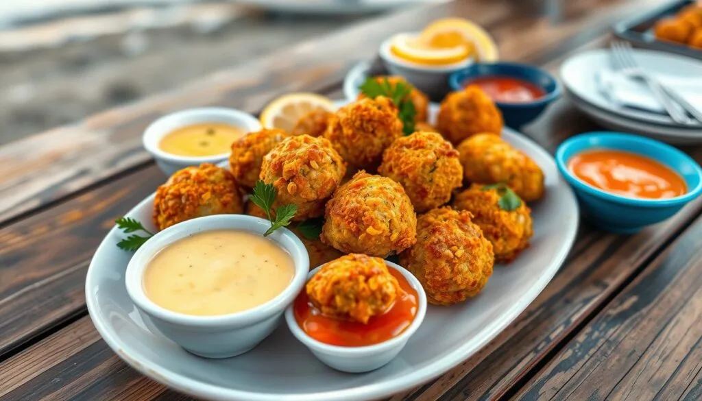 Crab balls with dipping sauces