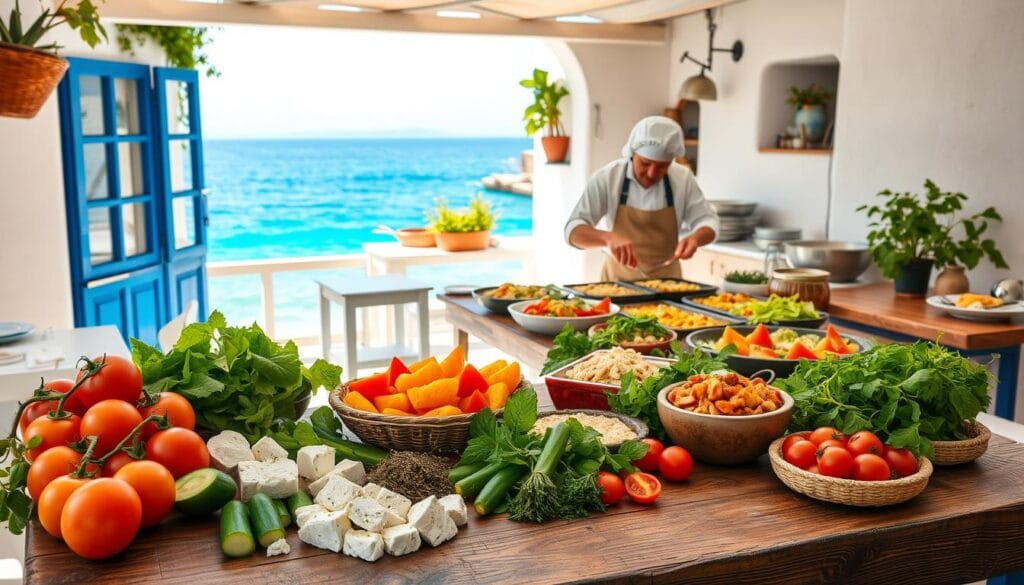 Greek cuisine showcasing fresh ingredients and traditional dishes